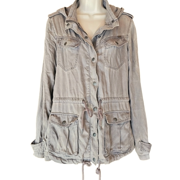 MAX JEANS Tencel Military Style Disstressed Hooded Cargo Utility Jacket … - Picture 1 of 16